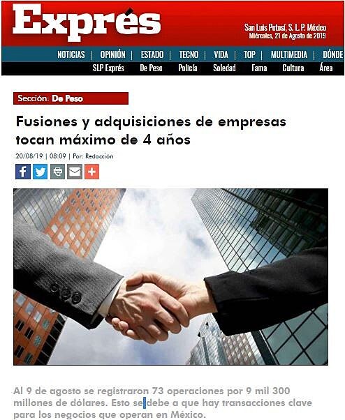 Fusiones y adquisiciones de empresas tocan mximo de 4 aos